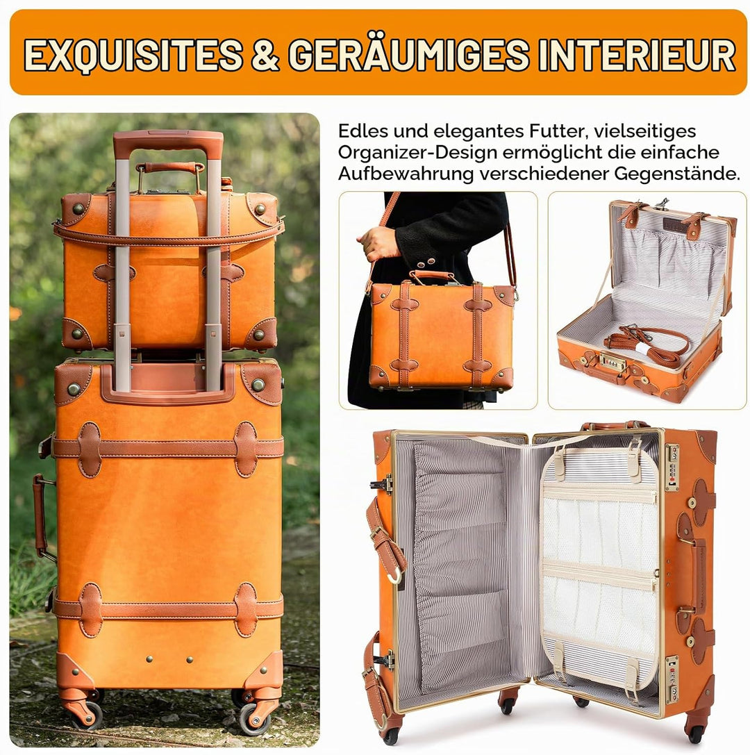 Urecity Koffer Vintage mit 4 Rollen Trolley Koffer Reisekoffer Leicht Retro Hartschalen Koffer 2-Tei