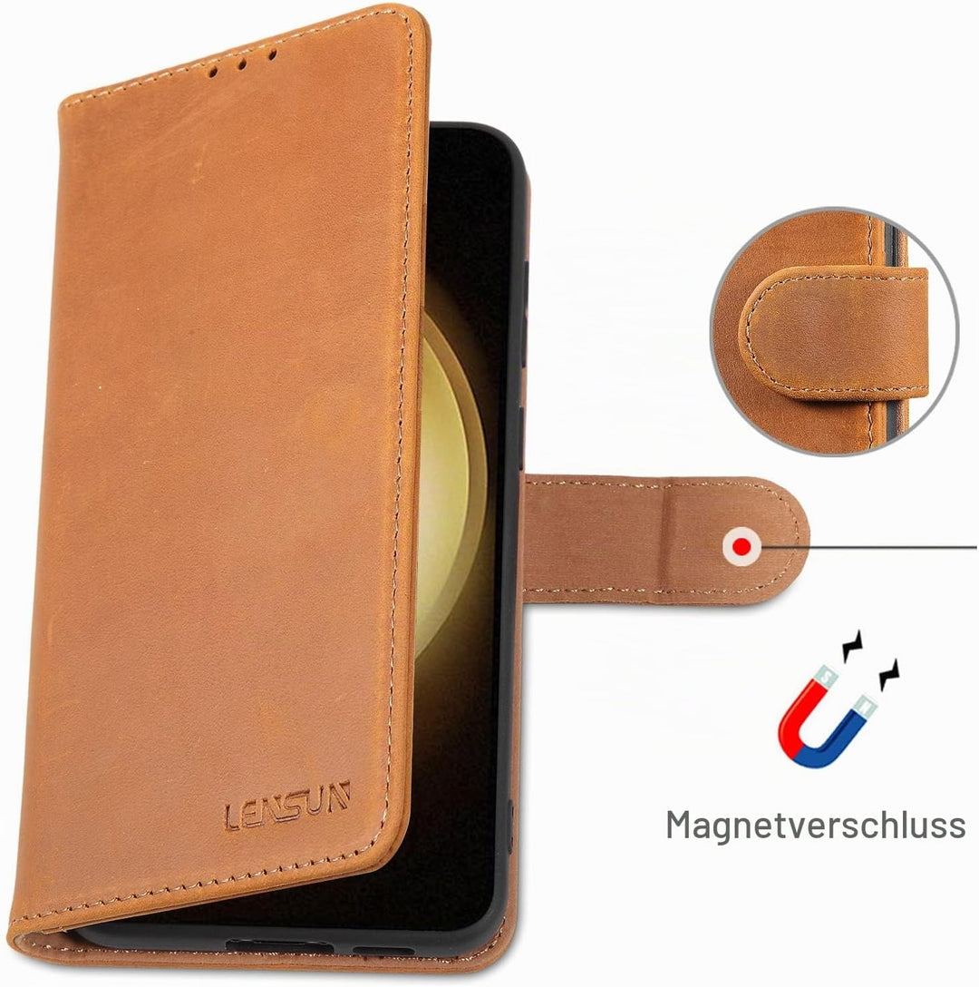 LENSUN Echtleder Hülle für Samsung Galaxy S23 Plus, Handyhülle [Echtes Leder] [Magnetverschluss] [RF