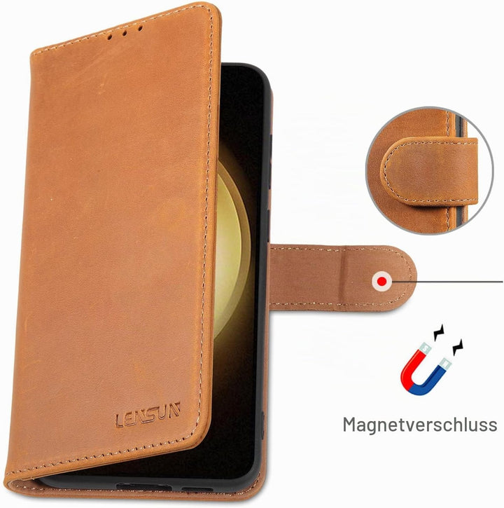 LENSUN Echtleder Hülle für Samsung Galaxy S23 Plus, Handyhülle [Echtes Leder] [Magnetverschluss] [RF