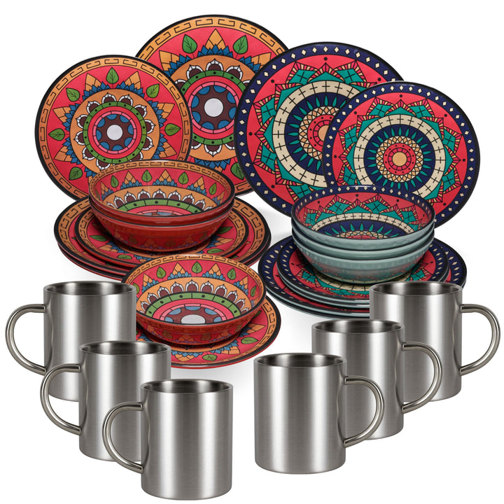 Melamin Geschirr Set Toskana Deep - Rot-Grün - mit Edelstahl Thermo Tassen Mandala-Optik Spülmaschin