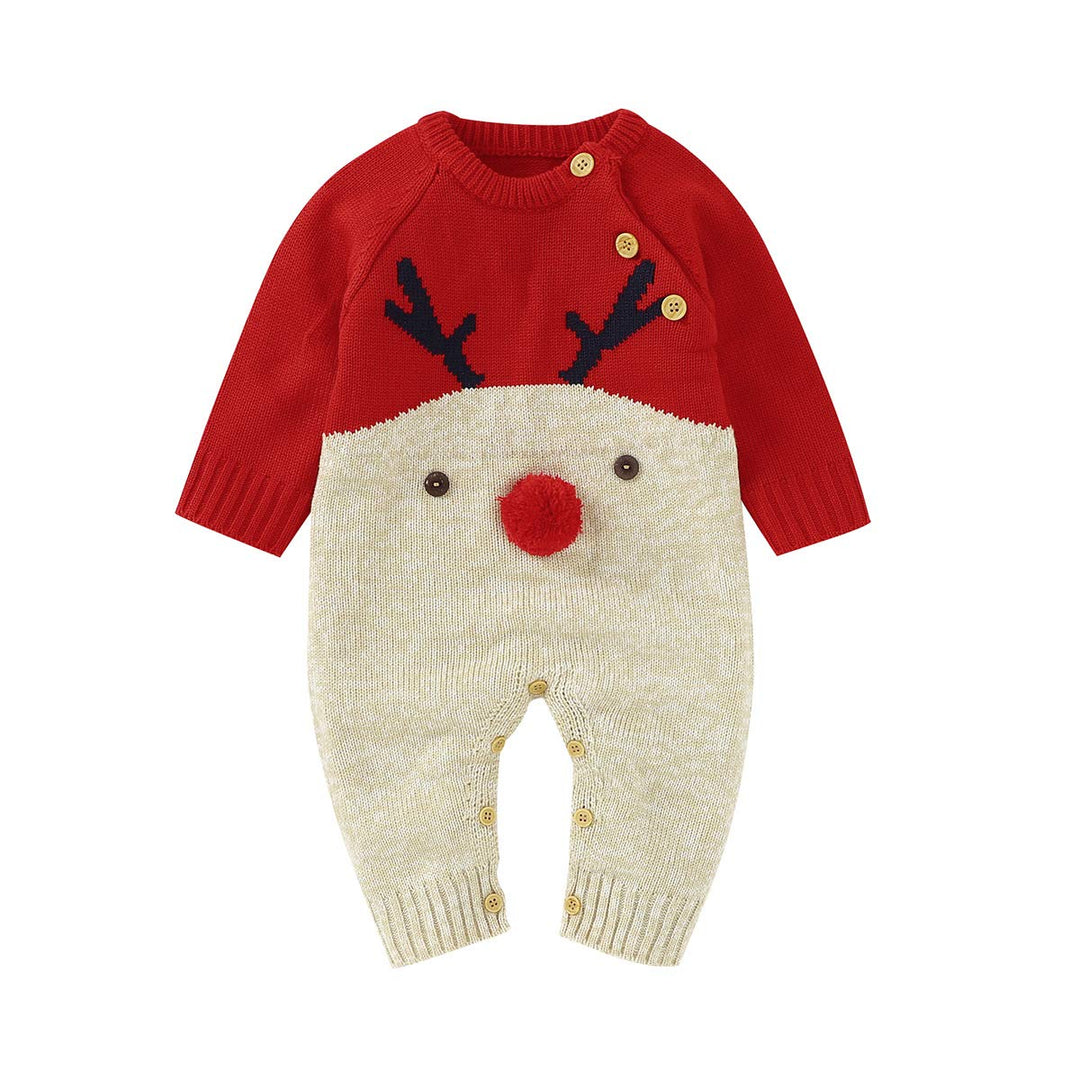 Neugeborenes Baby Mädchen Jungen Weihnachten Outfit Langarm Strick Strampler Overall Rentier Print B