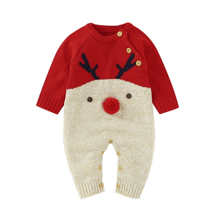 Neugeborenes Baby Mädchen Jungen Weihnachten Outfit Langarm Strick Strampler Overall Rentier Print B