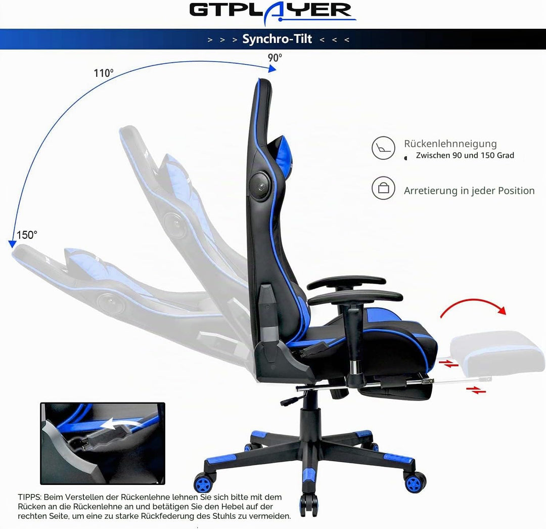 GTPLAYER Gaming Stuhl Gamer Stuhl mit Fussstütze Bluetooth Lautsprecher Ergonomischer Bürostuhl Comp