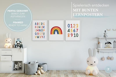 Papierschmiede® Kinderbilder 3er Set Lernposter, A4 gerahmt in Holzrahmen (weiss), Geschenk für Mädc