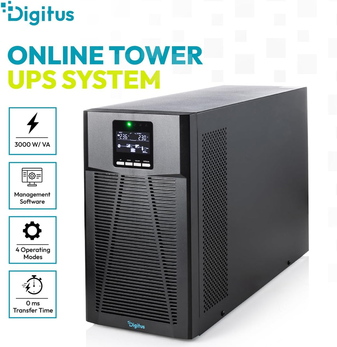 DIGITUS OnLine USV-System – 3 kVA 3 kW – 8X IEC C13 Steckdosen – Tower 3000 VA / 3000 W, 3000 VA / 3