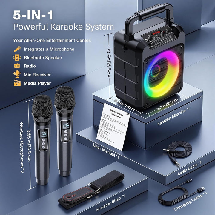 Dislocati Karaoke Maschine mit 2 Wireless Mikrofonen - 20W Tragbarer Party-Lautsprecher, LED-Lichtsh