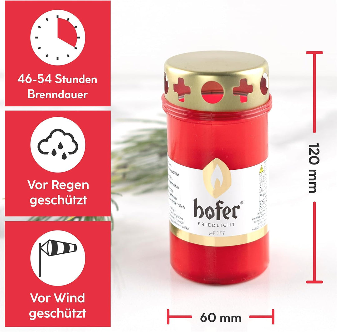 20er Set HOFER GRABKERZEN klein mit Deckel [rot] 46 bis 54 Std. Brenndauer | Trauerkerzen mit Deckel