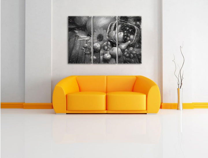 Pixxprint Herbstlicher Obstkorb Kohle Zeichnung Effekt 3-Teiler Leinwandbild 120x80 Bild auf Leinwan