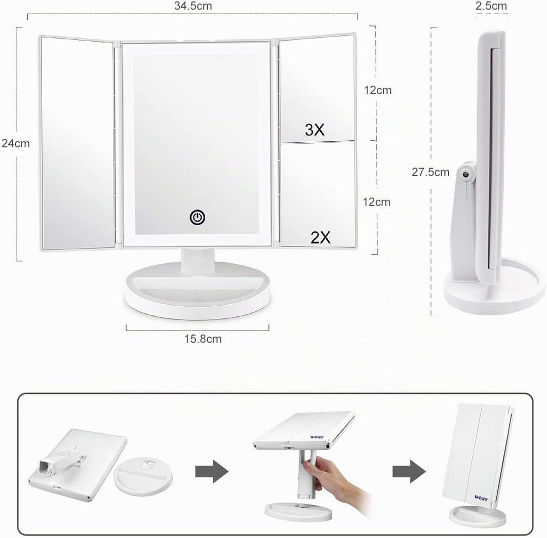 WEILY Schminkspiegel mit LED-Beleuchtung und Touchscreen, Vergrösserung 1X/2X/3X, Drehung um 180 °,