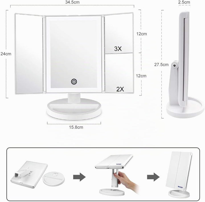 WEILY Schminkspiegel mit LED-Beleuchtung und Touchscreen, Vergrösserung 1X/2X/3X, Drehung um 180 °,