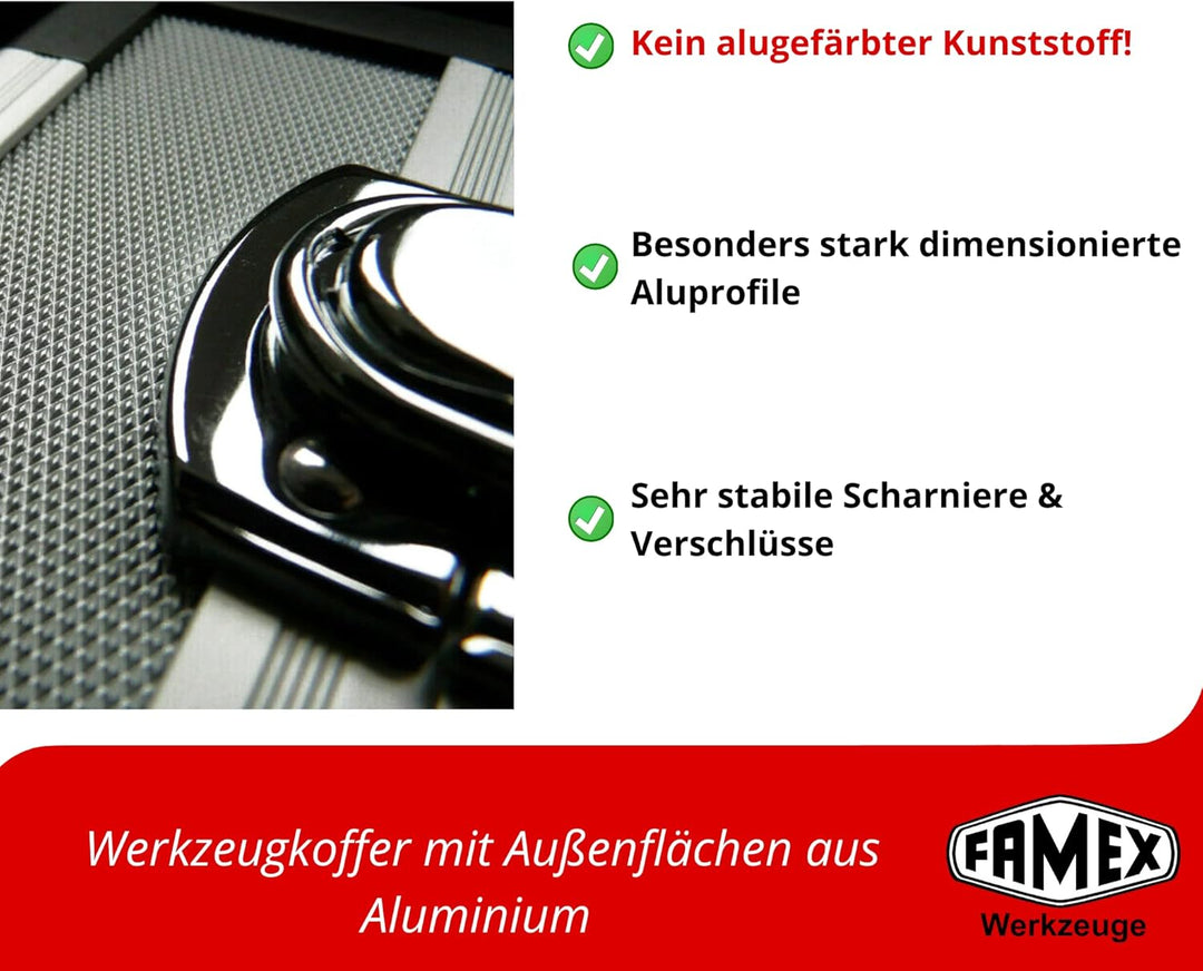 FAMEX 420-18 Alu Werkzeugkoffer gefüllt mit Top Werkzeug Set und Steckschlüsselsatz - Werkzeugkasten