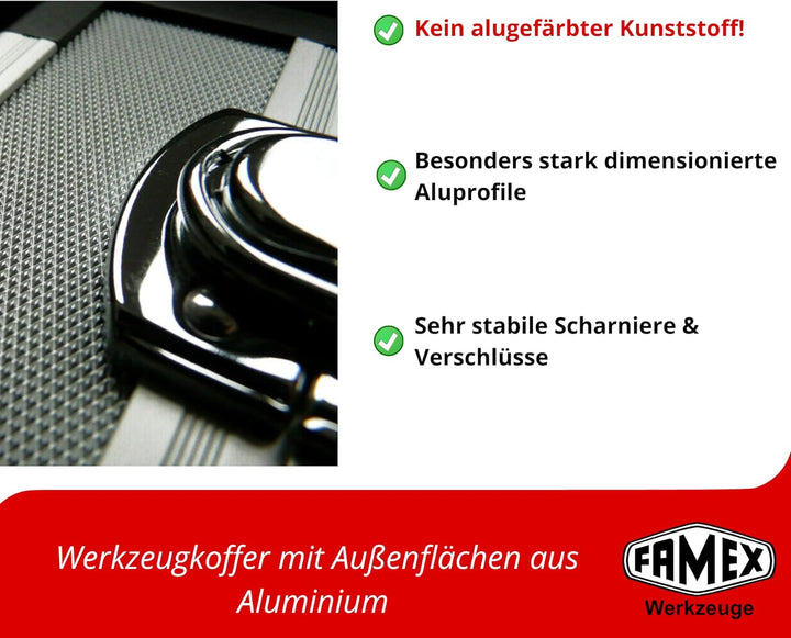 FAMEX 420-18 Alu Werkzeugkoffer gefüllt mit Top Werkzeug Set und Steckschlüsselsatz - Werkzeugkasten