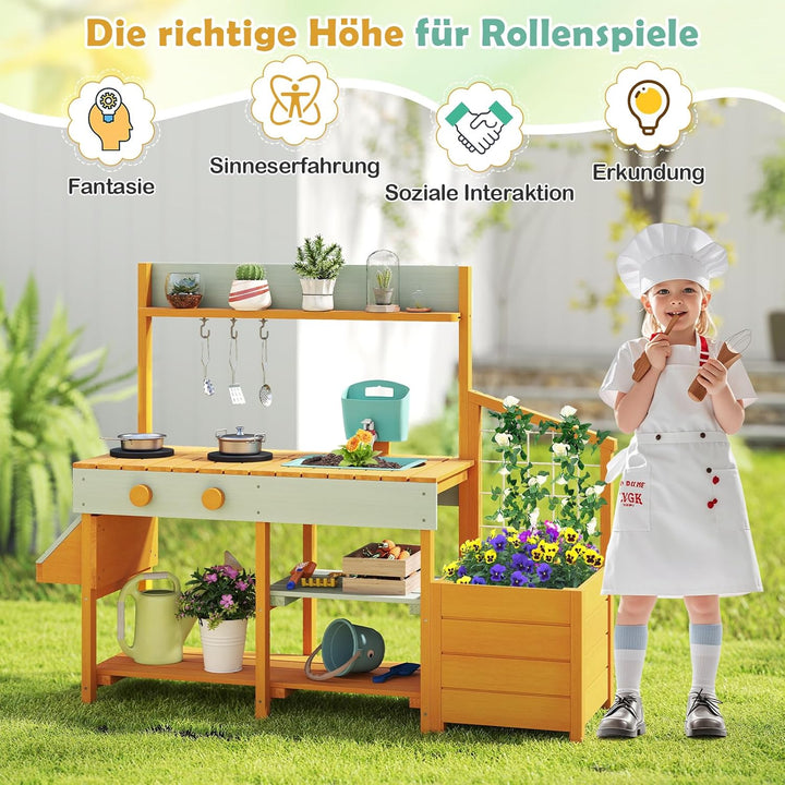 DREAMADE Matschküche Kinder Outdoor, Kinderküche Tannenholz mit Pflanzkasten & Rankgitter, Spielküch
