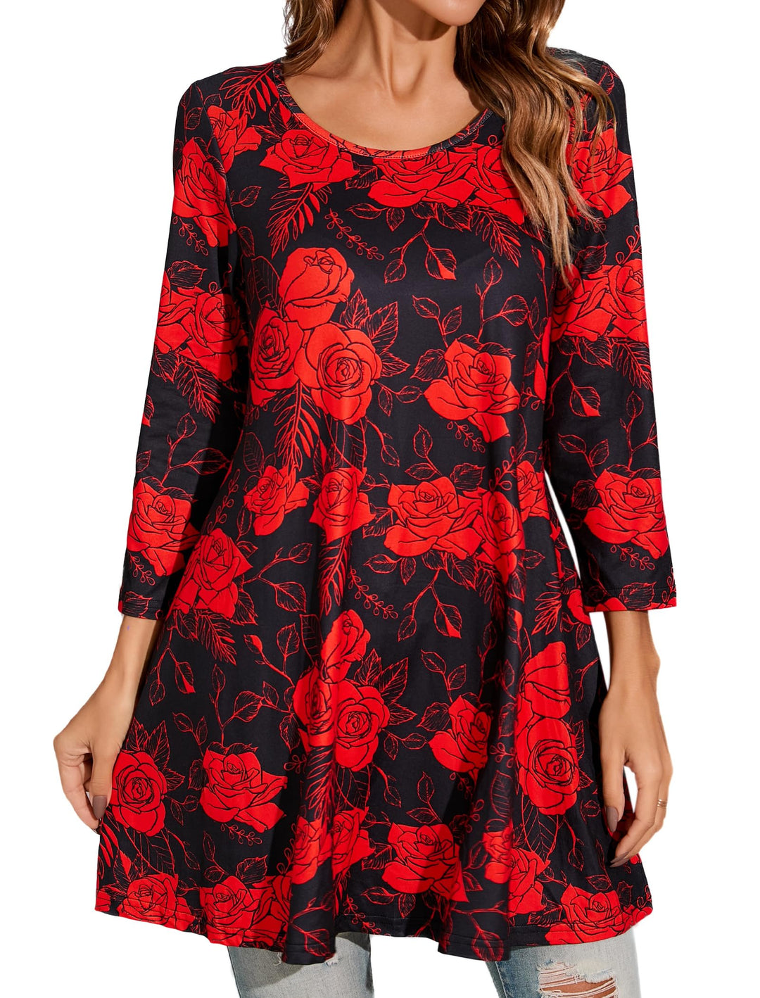 Enmain Damen Tunika Shirt Langarm/Kurzarm Bluse mit Blumen Longshirt Casual Elegante 3/4 Ärmel Rundh