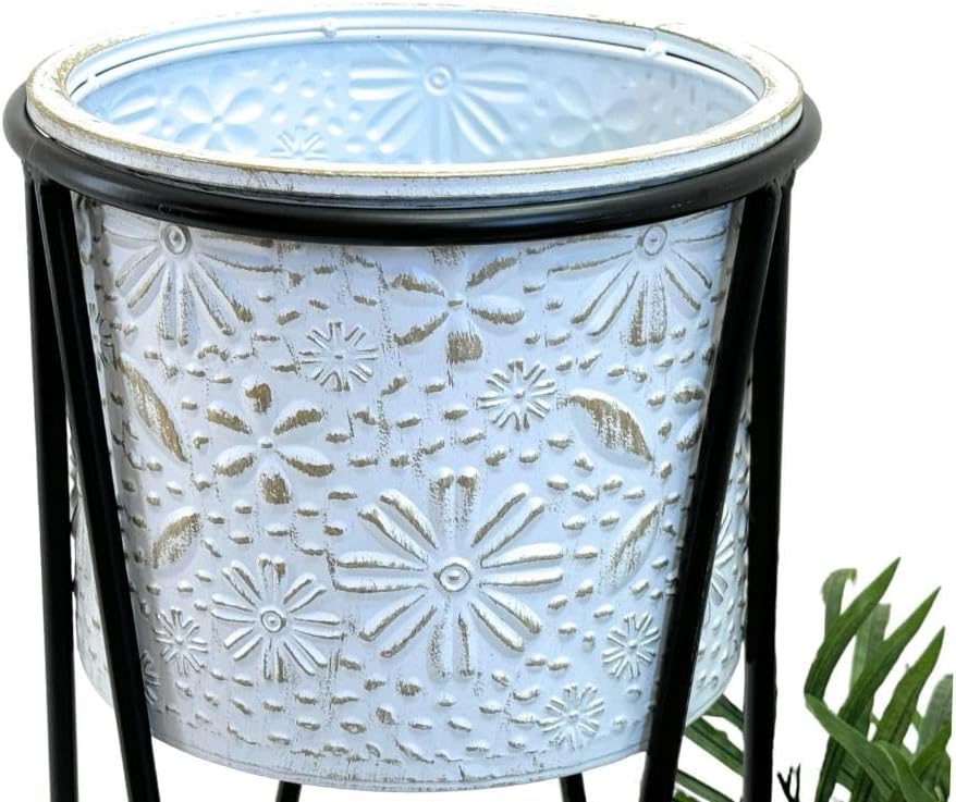 DanDiBo Blumenhocker mit Topf Metall Schwarz Weiss S 50 cm Blumenständer 96043 Blumensäule Modern Pf