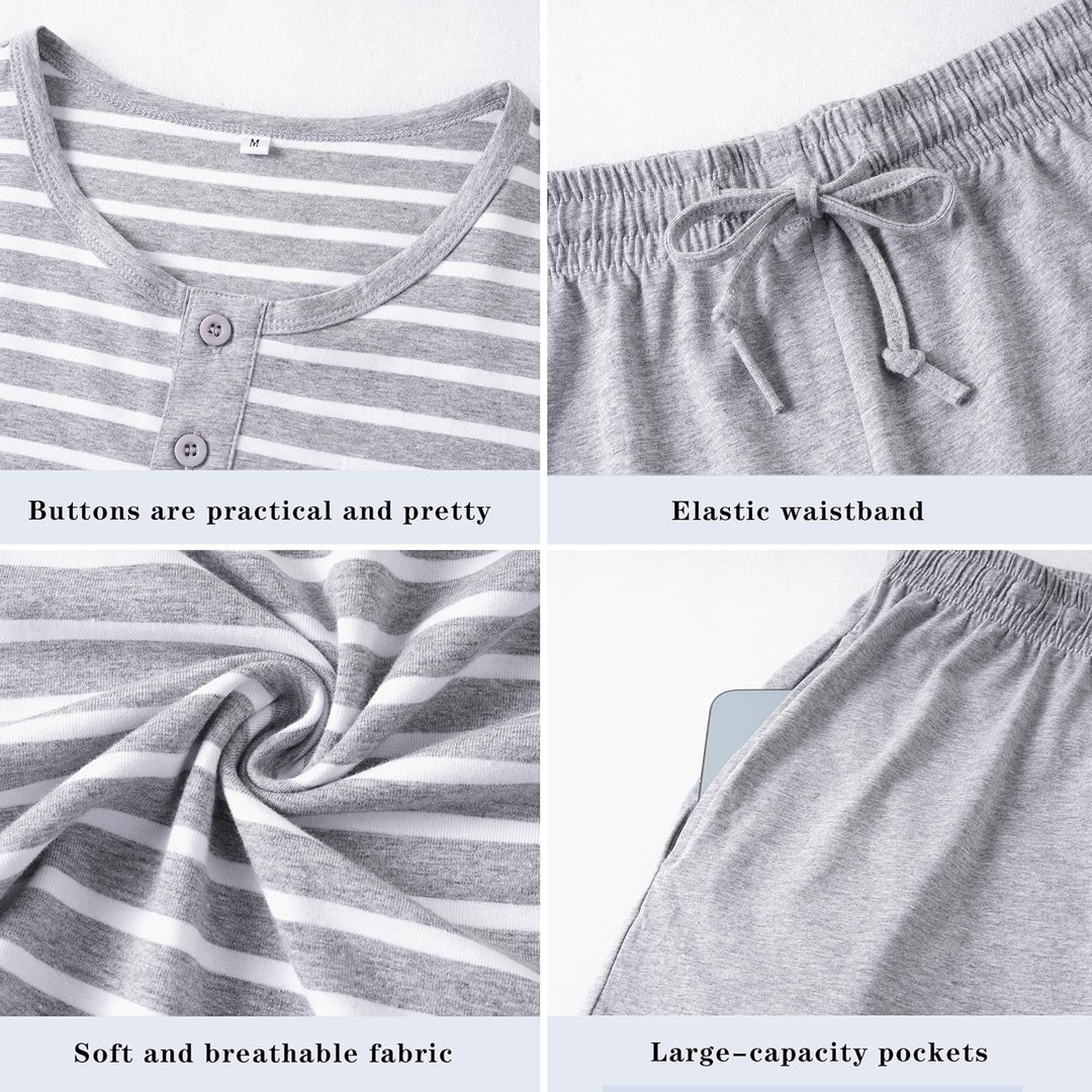 Schlafanzug Herren Kurz aus Baumwolle mit Kontraststreifen Design, Sommer Pyjama Set Oberteile und K