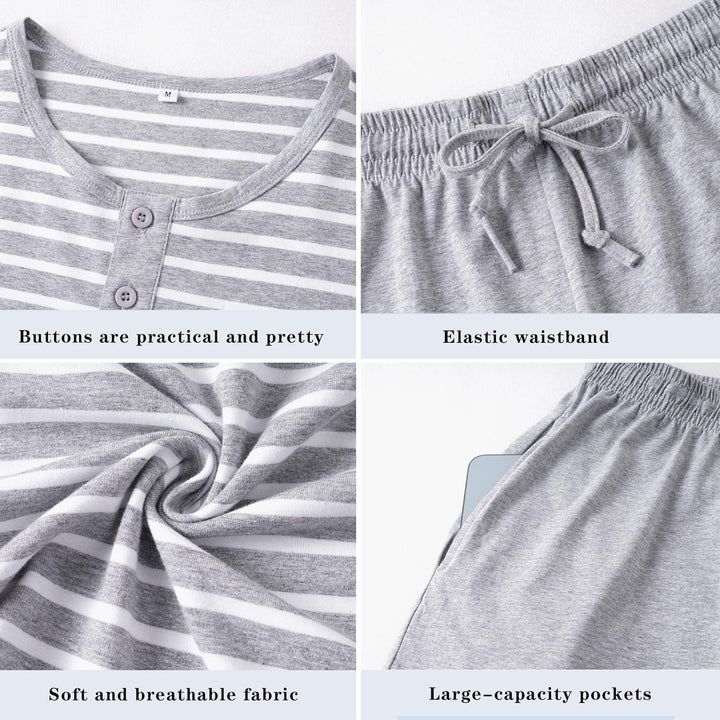 Schlafanzug Herren Kurz aus Baumwolle mit Kontraststreifen Design, Sommer Pyjama Set Oberteile und K