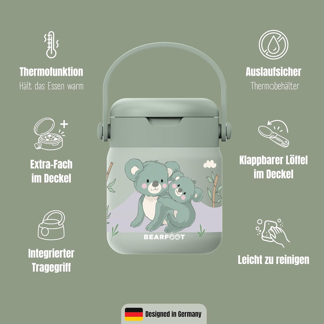 BEARFOOT Kinder Thermobehälter Edelstahl 500ml, BPA-frei (Koala - Grün) | Auslaufsicher, mit faltbar