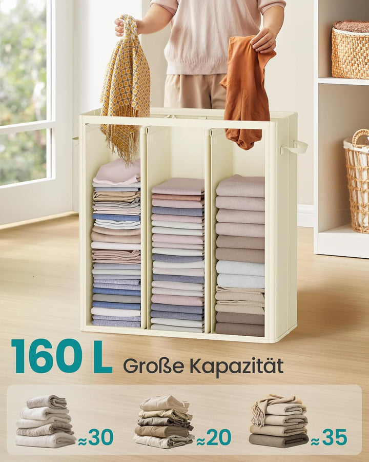 SONGMICS Wäschekorb mit 3 Fächern, 160 L, mit Deckel, 5 Etiketten, herausnehmbarer und waschbarer In