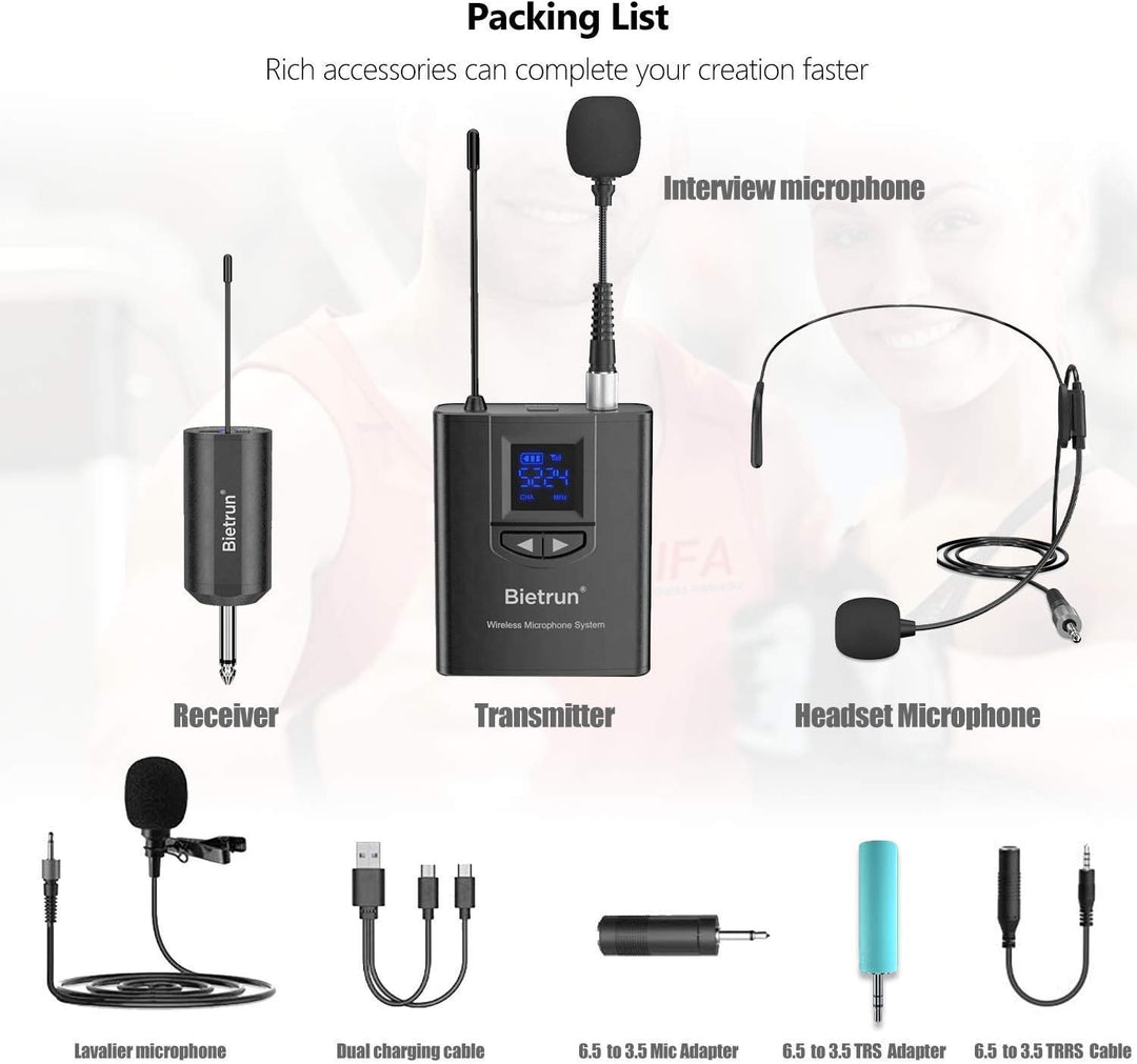 UHF Wireless Lavalier Lapel Microphone System, Kabelloses Lavalier-Mikrofon, Headset Mic, Interview