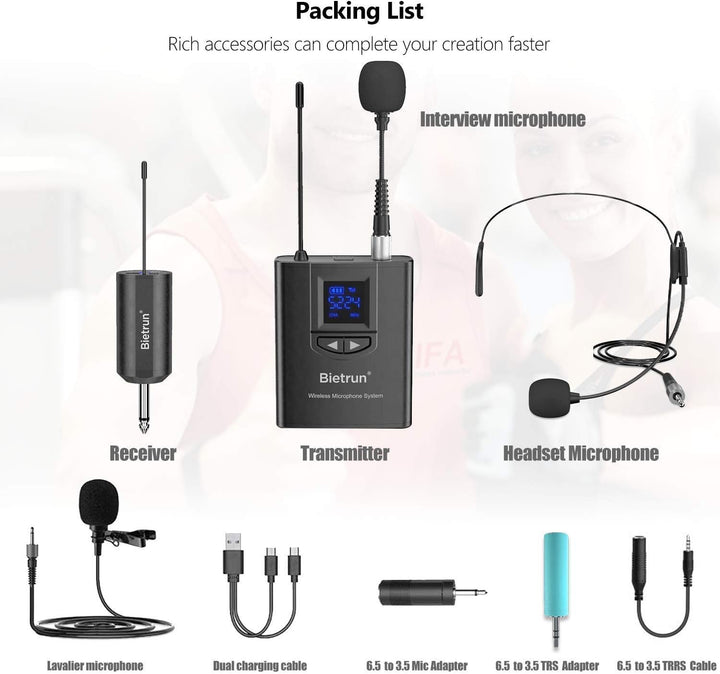 UHF Wireless Lavalier Lapel Microphone System, Kabelloses Lavalier-Mikrofon, Headset Mic, Interview