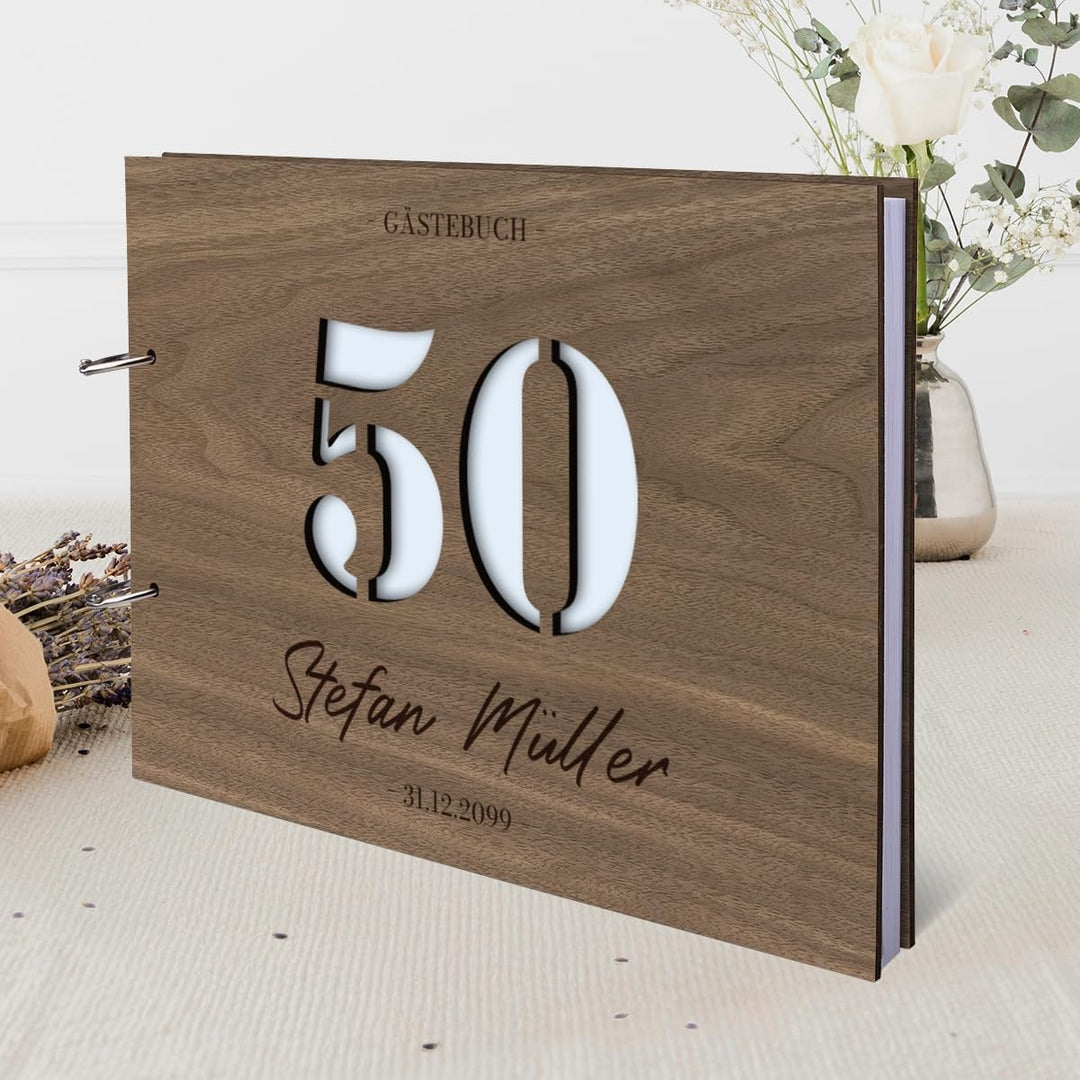 Individuelles Gästebuch zum 50. Geburtstag – Echtes Holz mit Persönlicher Gravur, Zahl ausgestanzt –