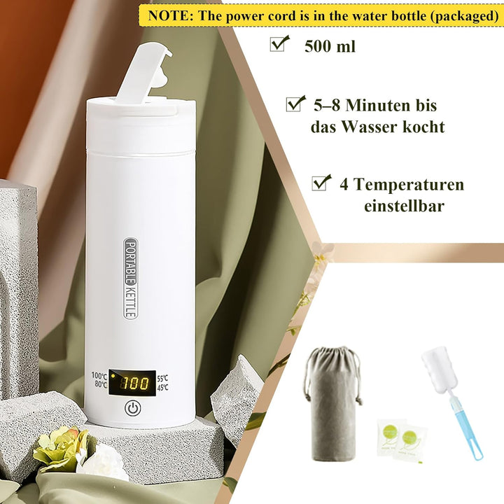 Reise Wasserkocher Klein Elektrische, 500ML/300W Tragbarer Wasserkocher Mini Wassertasse Edelstahl 3