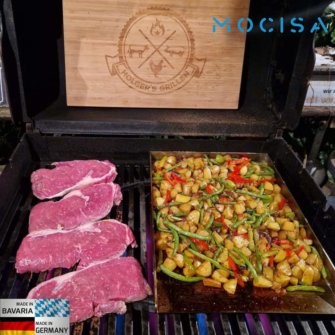 mocisa Grillplatte | Plancha | BBQ-Wanne | Grillkorb | Made in Germany | Edelstahl | Massiv | hochwe