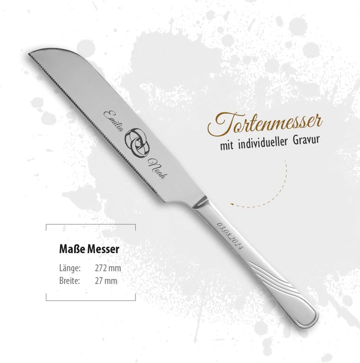 Tortenmesser + Kuchenheber Set mit eigener Gravur/Hochzeit Motiv Trauringe Geschenk Brautpaar Torten