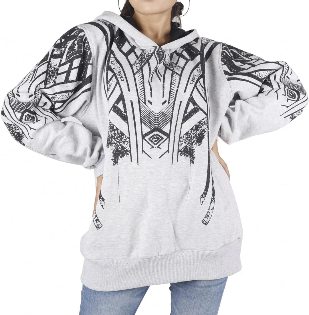 GURU SHOP Goa Festival Hoody mit Tribal Print, Kapuzenpulli, Sweatshirt, Damen, Baumwolle 36 Grau, 3