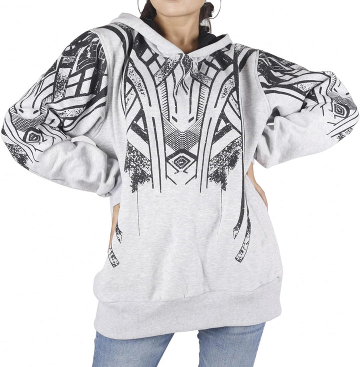 GURU SHOP Goa Festival Hoody mit Tribal Print, Kapuzenpulli, Sweatshirt, Damen, Baumwolle 36 Grau, 3