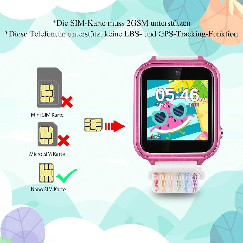 Retysaz Smartwatch Kinder, Spiele, Telefon für Mädchen und Jungen (Rosa-A1), Rosa-A1