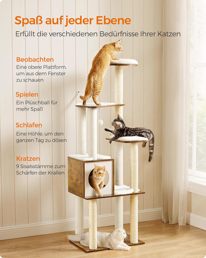 Feandrea Kratzbaum, 165 cm hoher moderner Katzenbaum, Katzenhaus mit 5 Kratzsäulen, waschbare abnehm