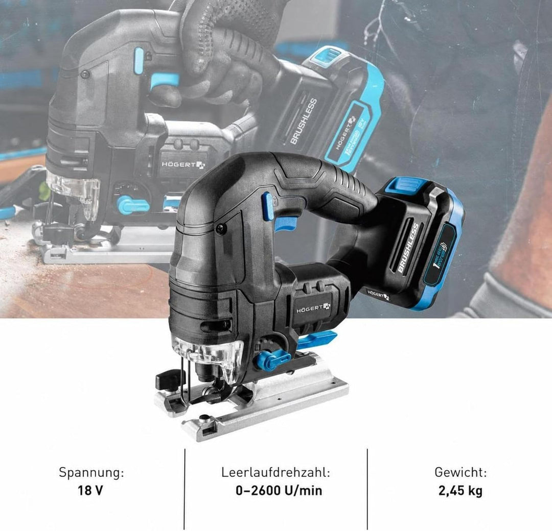 HÖGERT TECHNIK Akku-Pendelhubstichsäge 18V, bürstenloser Motor, kabellos, 0-2600 U/min, 26mm Klingen