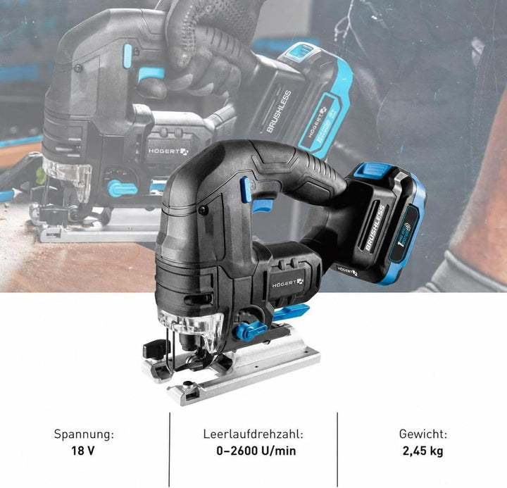 HÖGERT TECHNIK Akku-Pendelhubstichsäge 18V, bürstenloser Motor, kabellos, 0-2600 U/min, 26mm Klingen