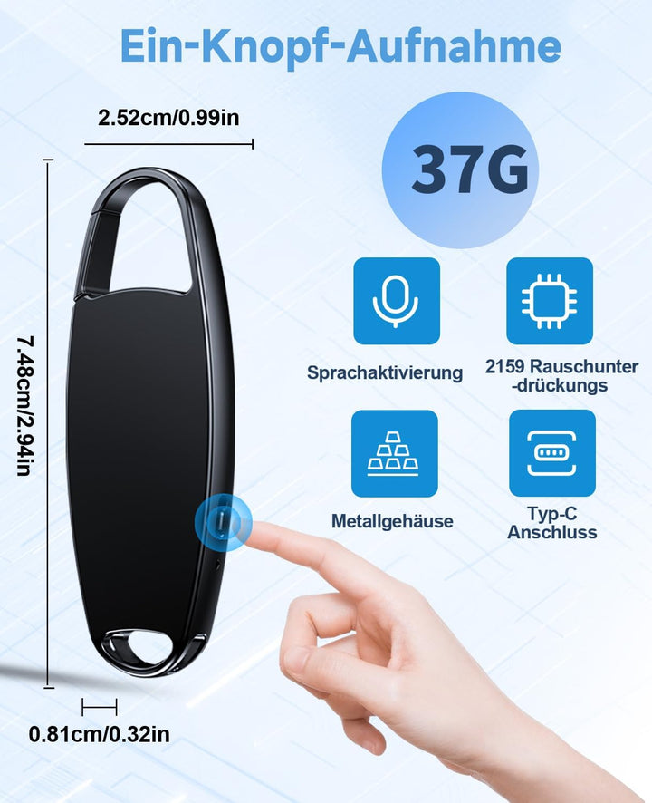 Diktiergerät Mini, Vandlion 32GB Aufnahmegerät mit Rauschunterdrückung, USB C Voice Recorder mit Spr