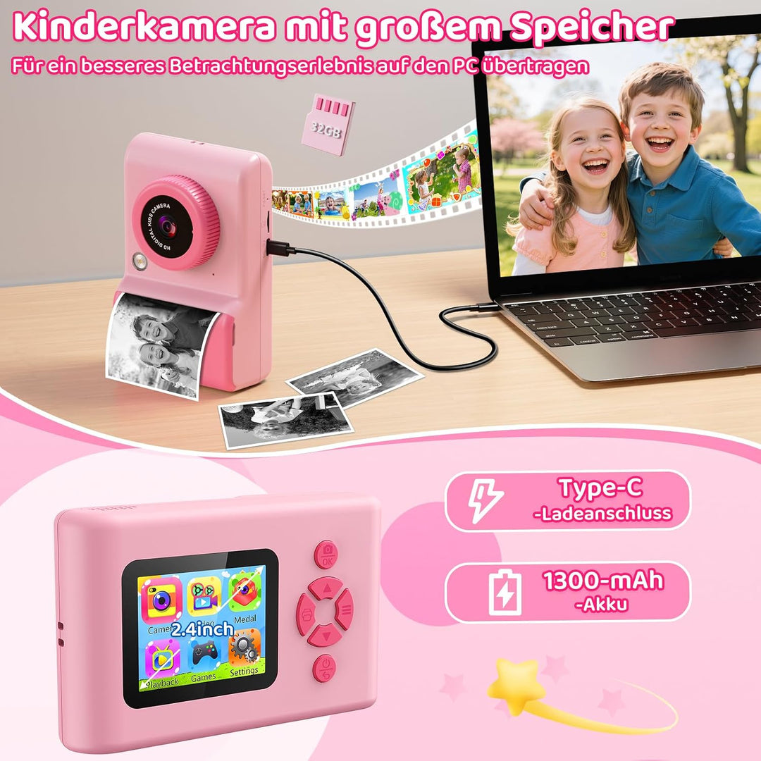 uleway Sofortbildkamera Kinder, Kinderkamera mit 2.4" Bildschirm &amp; 32GB Karte &amp; Druckpapier, 1080P H