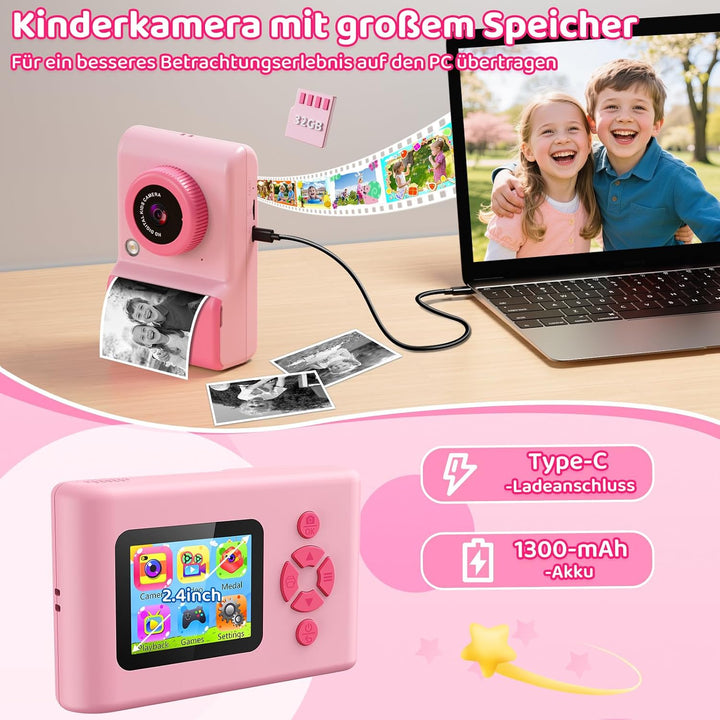 uleway Sofortbildkamera Kinder, Kinderkamera mit 2.4" Bildschirm &amp; 32GB Karte &amp; Druckpapier, 1080P H