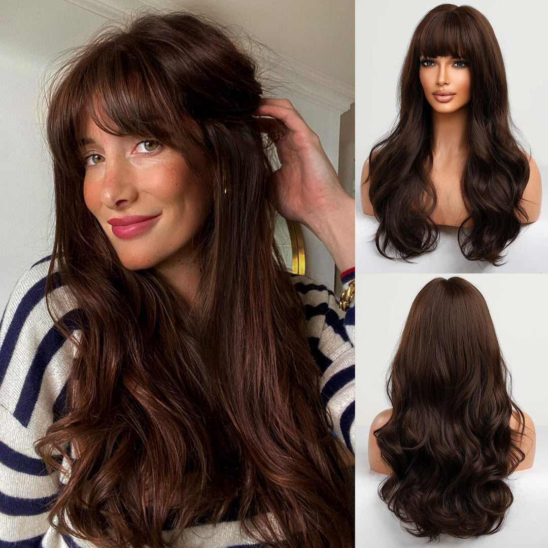 HAIRCUBE Lange braune Perücke mit Pony Welle Lockige Perücken für Frauen 26 Zoll Hitzebeständige nat