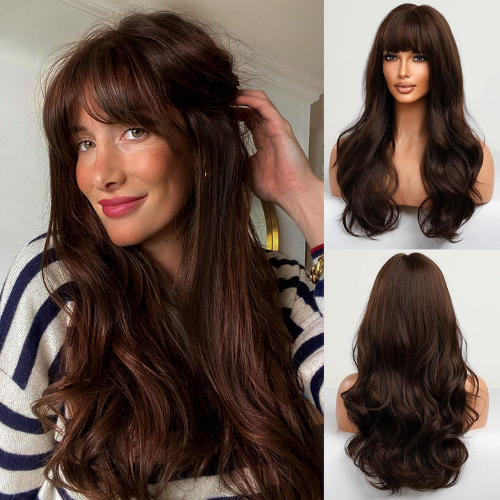 HAIRCUBE Lange braune Perücke mit Pony Welle Lockige Perücken für Frauen 26 Zoll Hitzebeständige nat