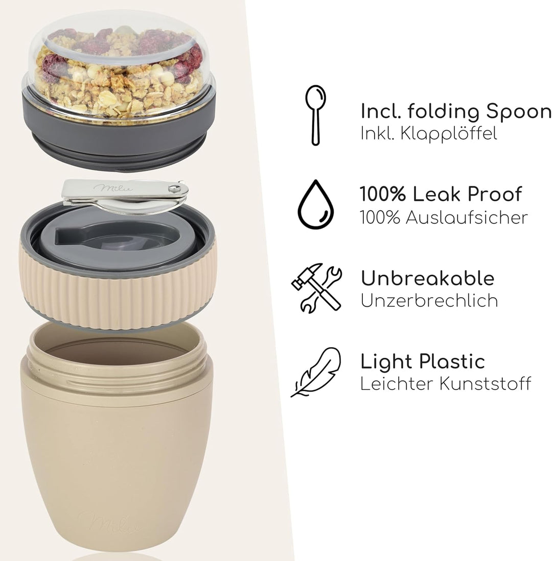 Milu Müslibecher to go 400ml MüsliMax Plastik Joghurtbecher für Müsli I auslaufsicherer Becher mit L
