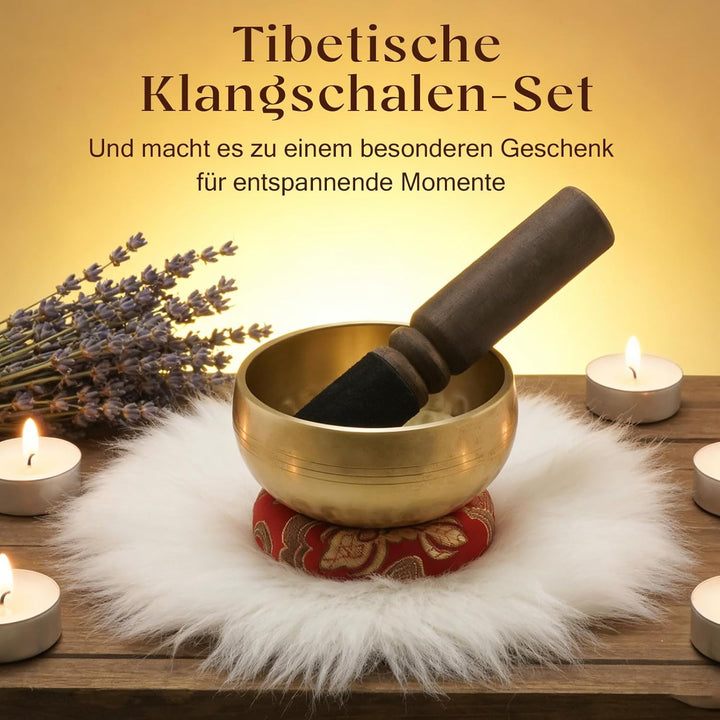 Tibetische Klangschalen-Set, Handgefertigte Schale mit Holzschlägel und Kissen, 8 cm Klangschale für