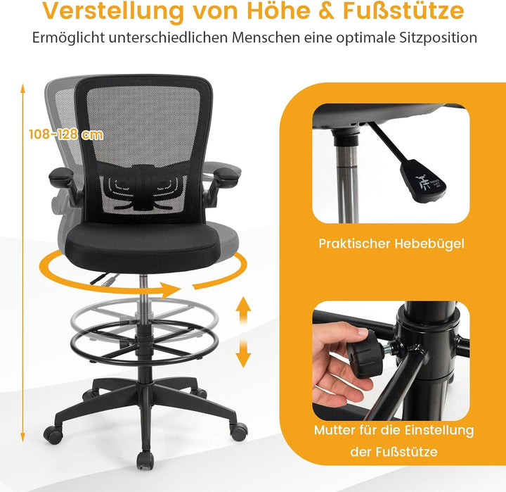 COSTWAY Arbeitsstuhl, Bürostuhl mit hochklappbaren Armlehnen und verstellbarem Fussring, Sitzhöhe 55