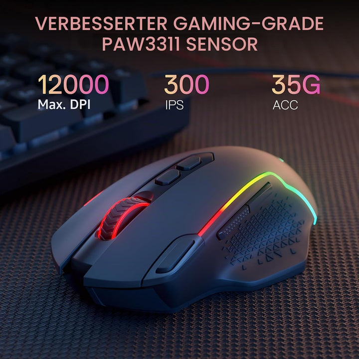 Redragon M810 MAX 3-Modus-Funk-Gaming-Maus, 12000 DPI kabelgebundene/kabellose RGB-Maus mit Schnellf