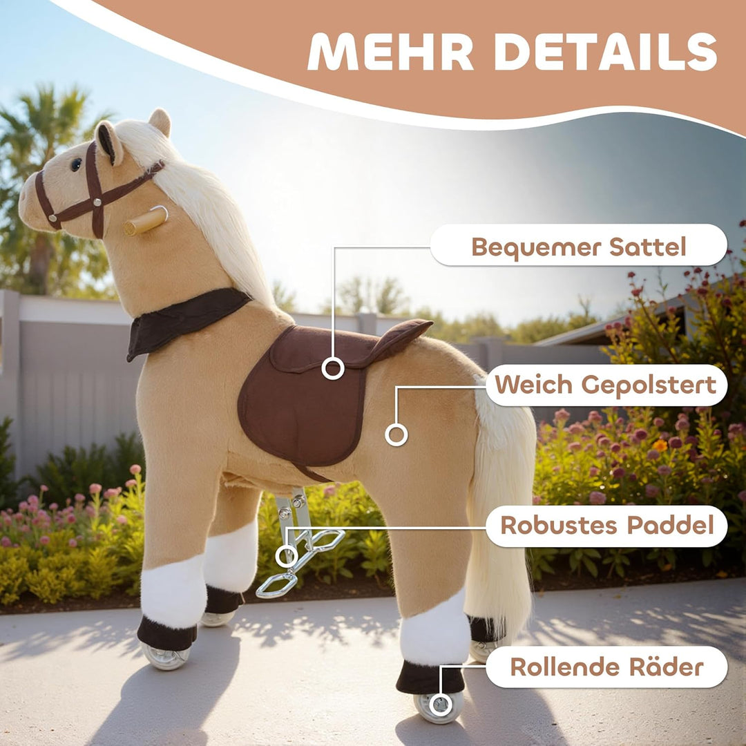 AIYAPLAY Reitpferd, Spielpferd zum Reiten mit Sattel Rollen, 80 cm Stehpferd, Plüschpferd für Kinder