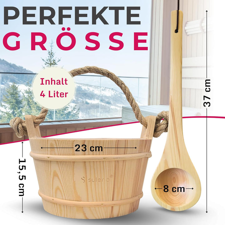 Suleno Sauna Zubehör Set - Saunaeimer mit Kelle aus Nadelholz, PVC-Einsatz, Auslaufsicher, Naturholz