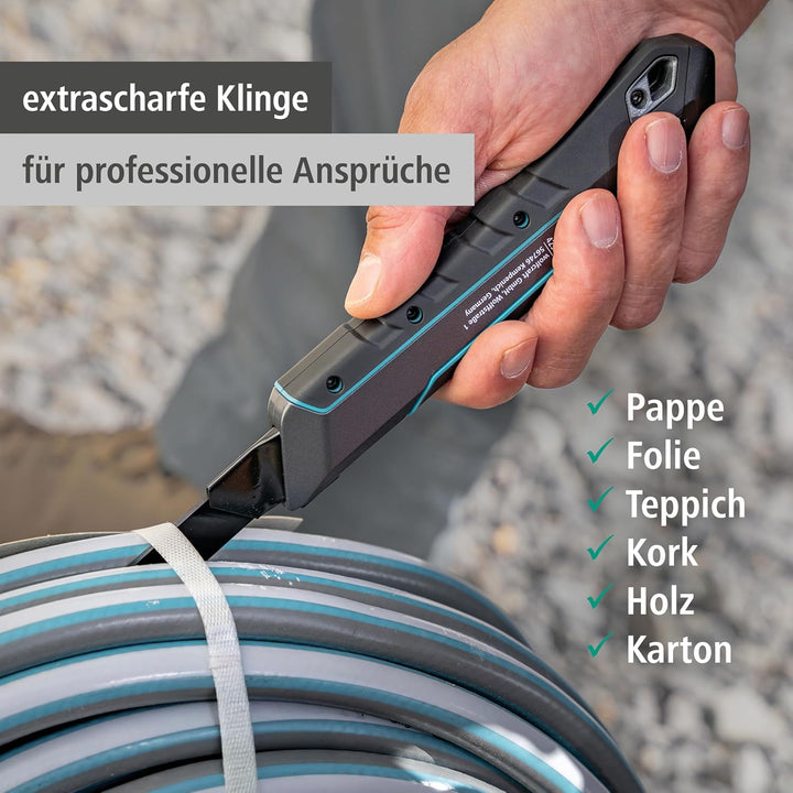 wolfcraft Cuttermesser PRO SAFETY, 18 mm - optimale Ergonomie für Links- und Rechtshänder - extrasch