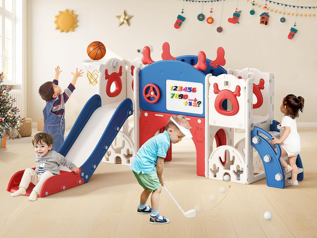 Kinderrutsche,extralange Rutschbahn,freistehende Kleinkindrutsche mit Basketballkorb, Kleinkindklett