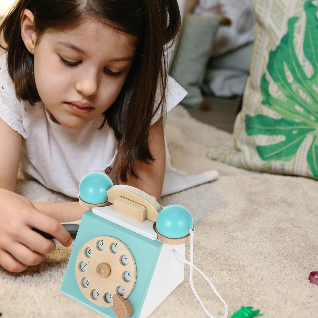 BESTonZON Holz Telefon Spielzeug Mit Wählscheibe Retro Design Kindertelefon Ab 3 Jahre Für Interakti