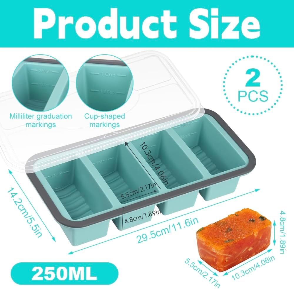 2Stück Suppen Einfrieren Behälter, Silikon Gefrierform Suppe mit Deckel 4 Gitter, 250ml Silikon Gefr